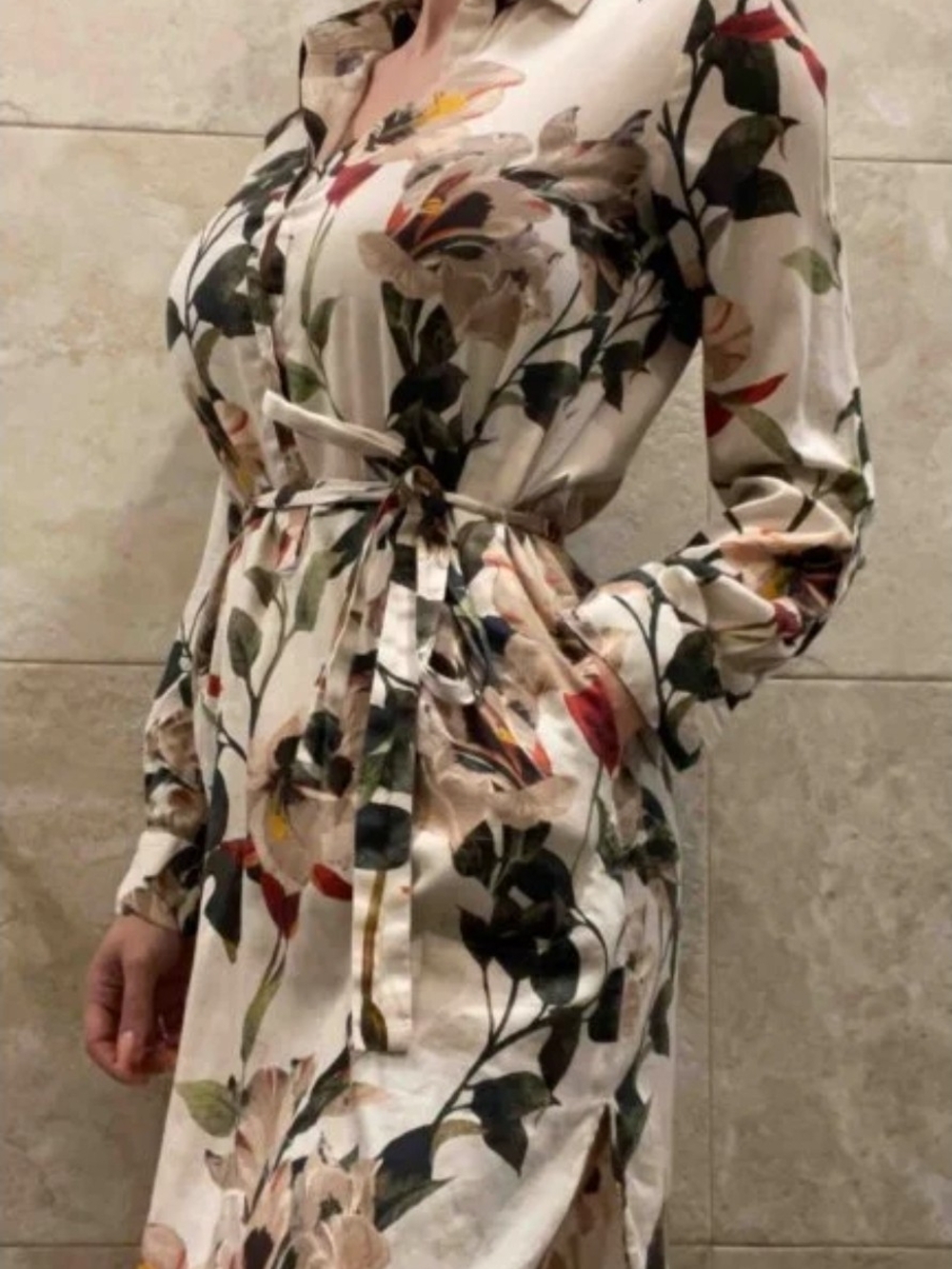Zara Ivory Floral Tie-Waist Long Sleeve Dress (MISSING BELT)